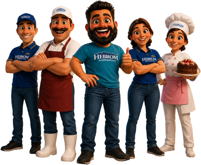Equipe do Hebrom Supermercado: repositor, açougueiro, padeiro, operadora de caixa e confeiteira